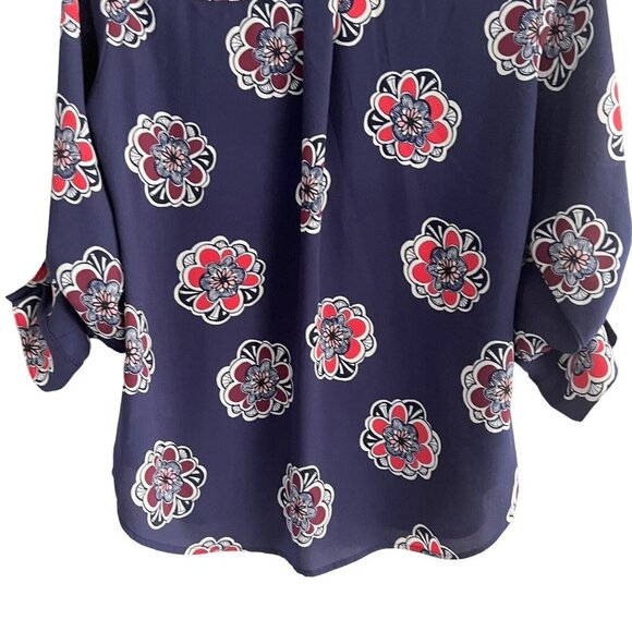 Express Women Size S Portofino Shirt Blouse Button Front Collared Blue Floral - Picture 7 of 12